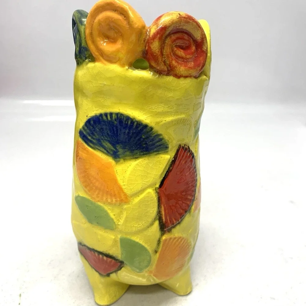 Art Pottery Vase Colorful Seashells Scallop Edge‎ Hand Made Yellow Red